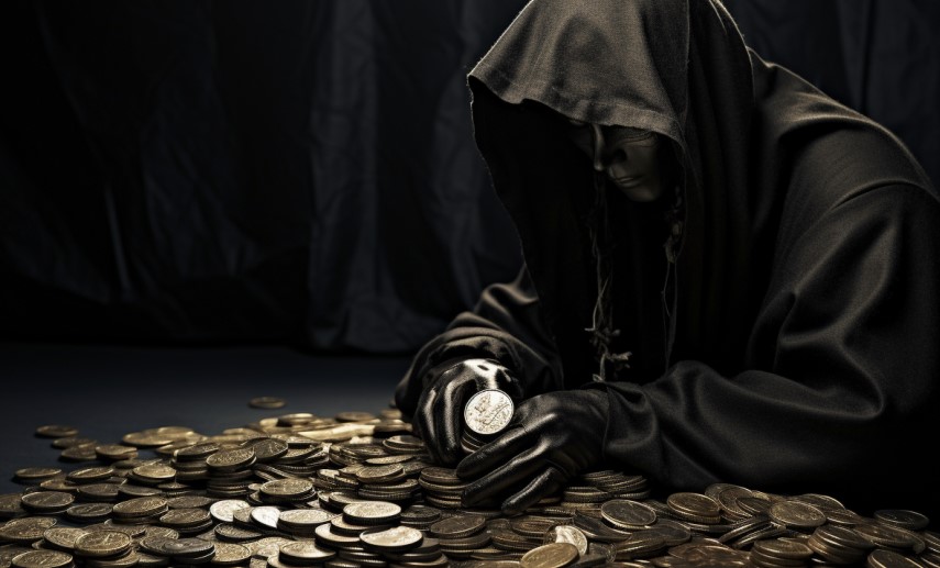 a hooded figure shows crypto coins