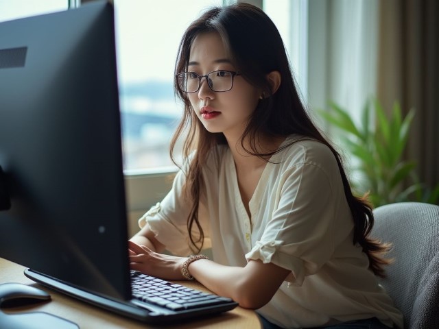 asian lady playoing on a computer